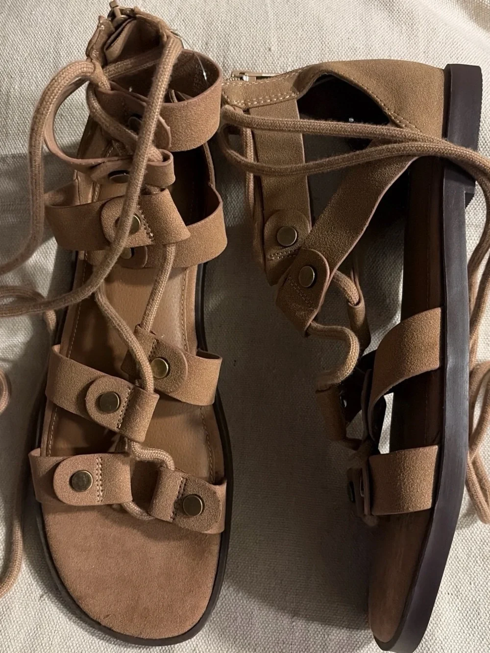 No Boundaries Tan Lace-Up Gladiator Sandals with Stud Accents